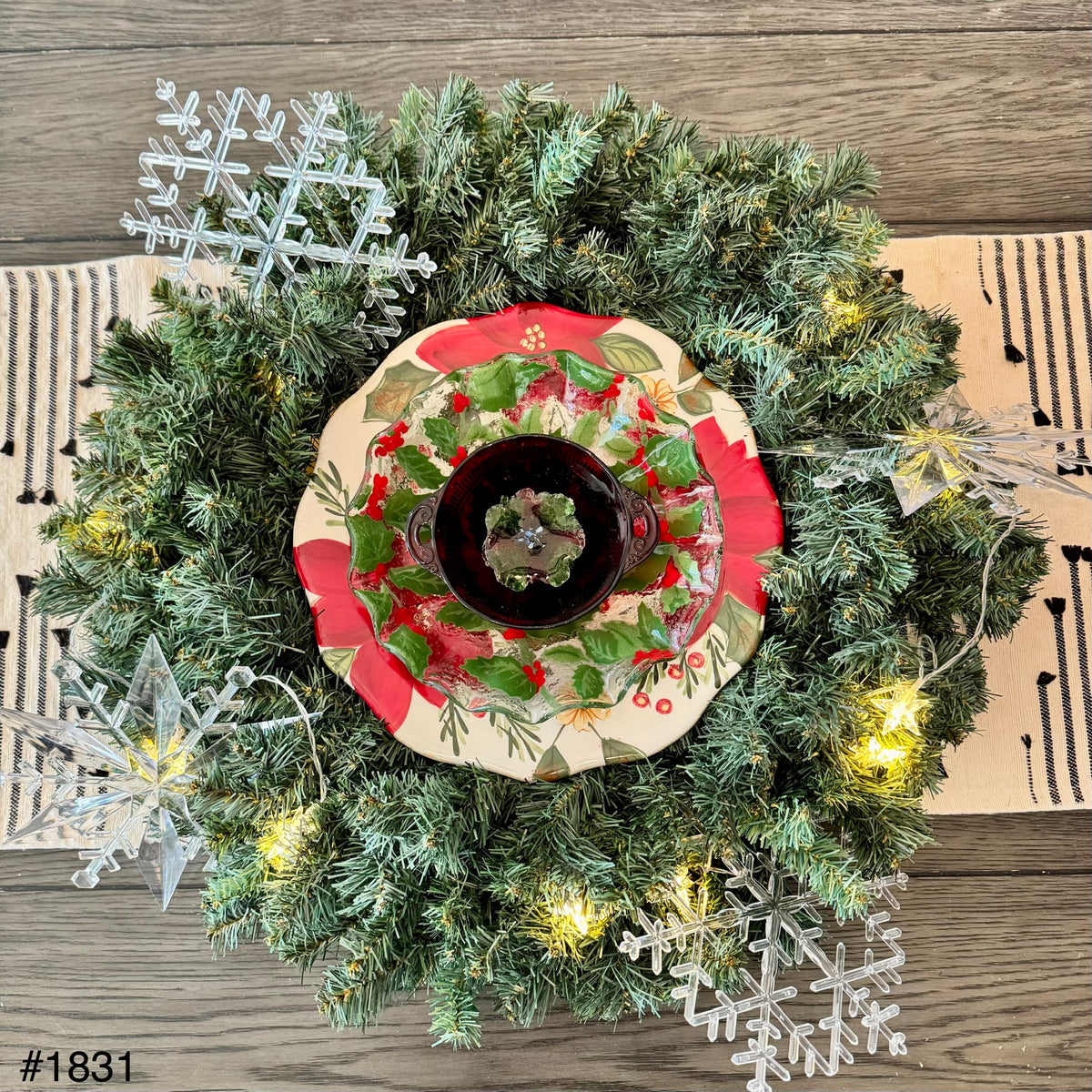 Poinsettia, Holly, & Berries Glass Garden Flower (#1831)