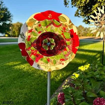 Poinsettia, Holly, & Berries Glass Garden Flower (#1831)