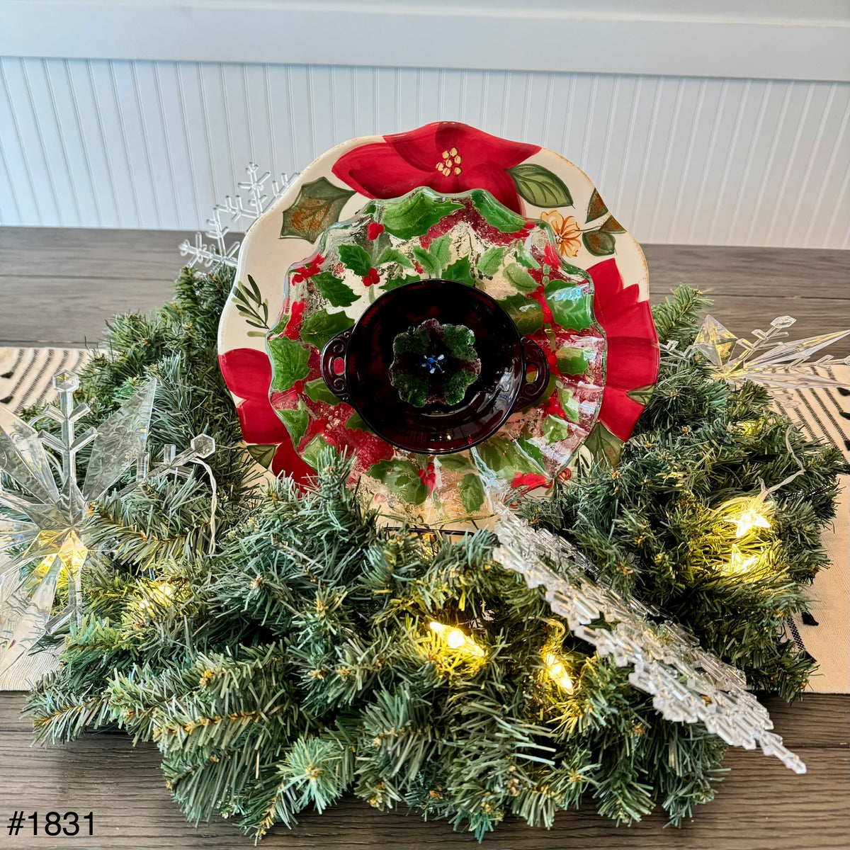 Poinsettia, Holly, & Berries Glass Garden Flower (#1831)