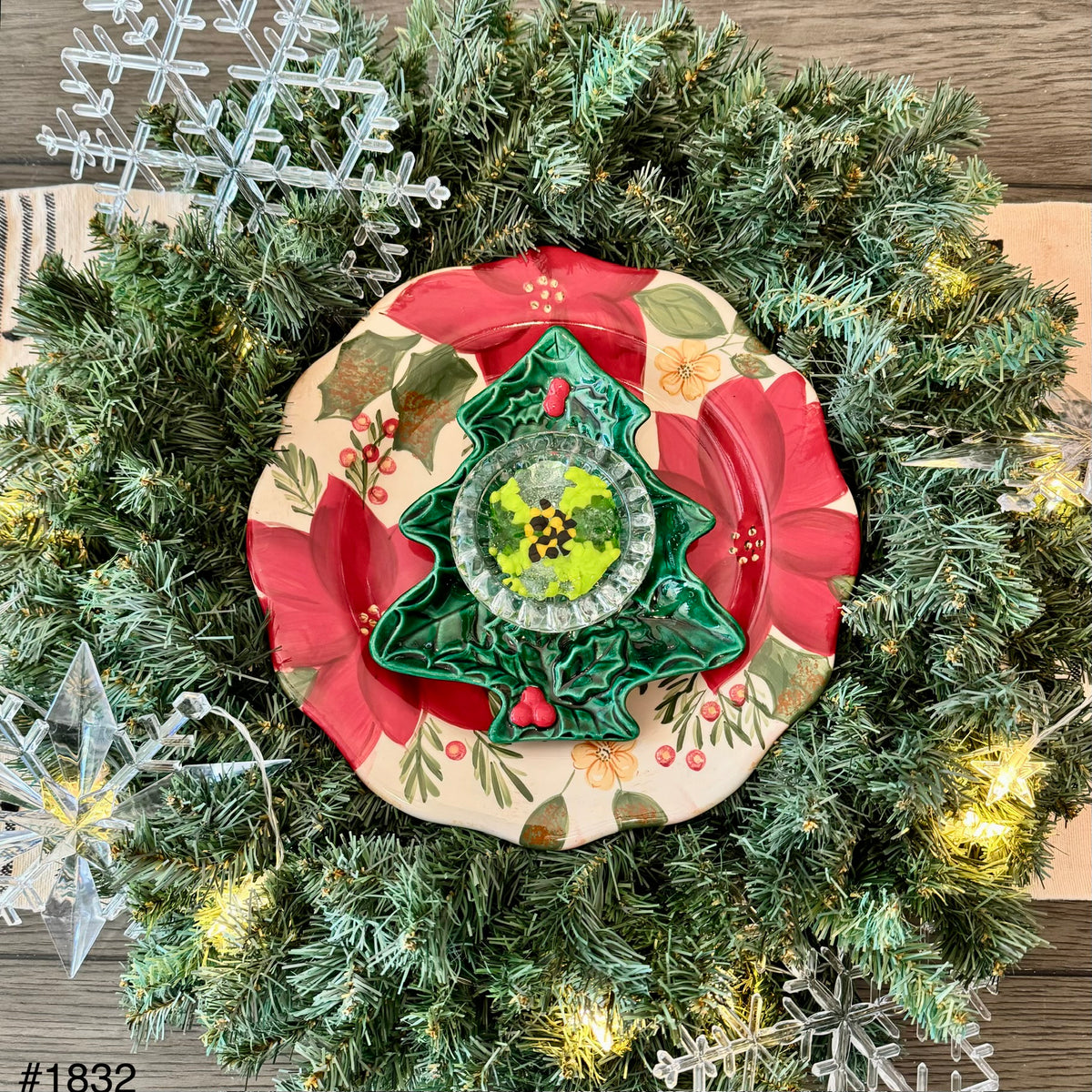 Poinsettia and Christmas Tree Glass Garden Flower (#1832)