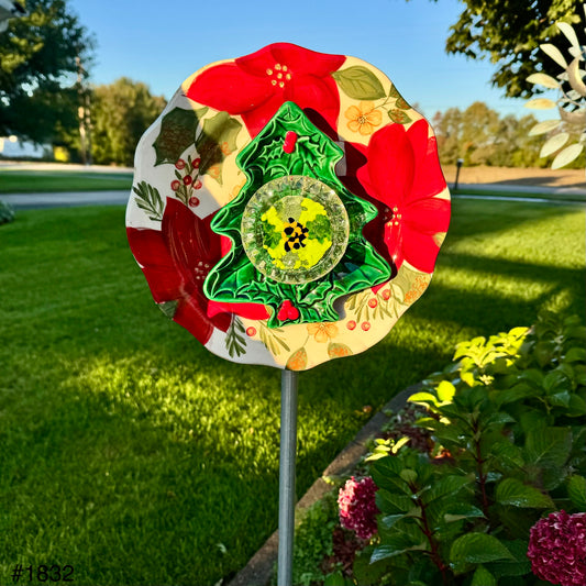 Poinsettia and Christmas Tree Glass Garden Flower (#1832)