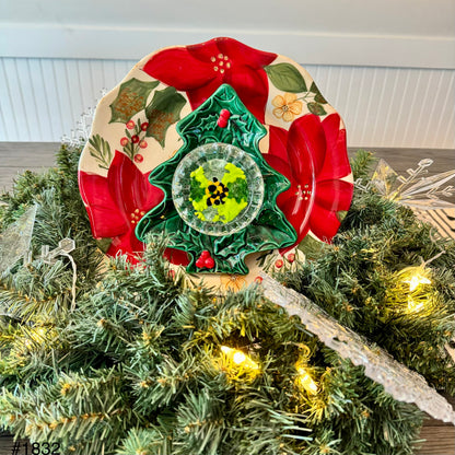 Poinsettia and Christmas Tree Glass Garden Flower (#1832)