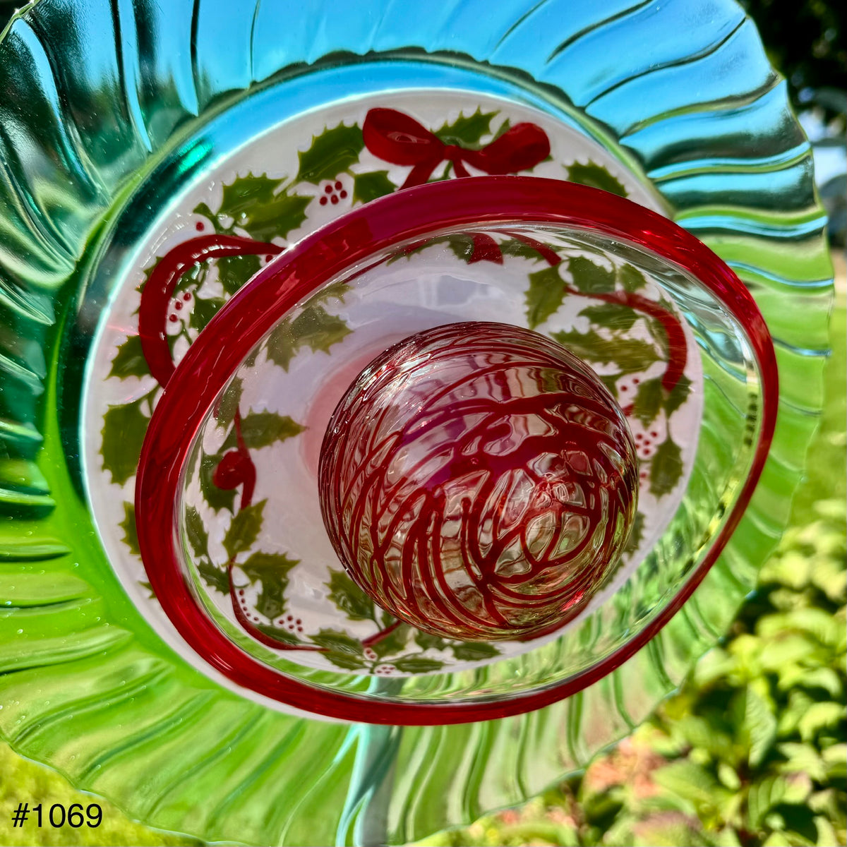 Green/Red/White Holly and Red Ribbon Glass Garden Flower/Centerpiece (#1069)
