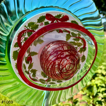 Green/Red/White Holly and Red Ribbon Glass Garden Flower/Centerpiece (#1069)