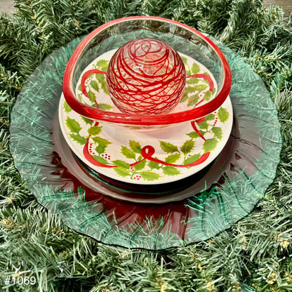 Green/Red/White Holly and Red Ribbon Glass Garden Flower/Centerpiece (#1069)