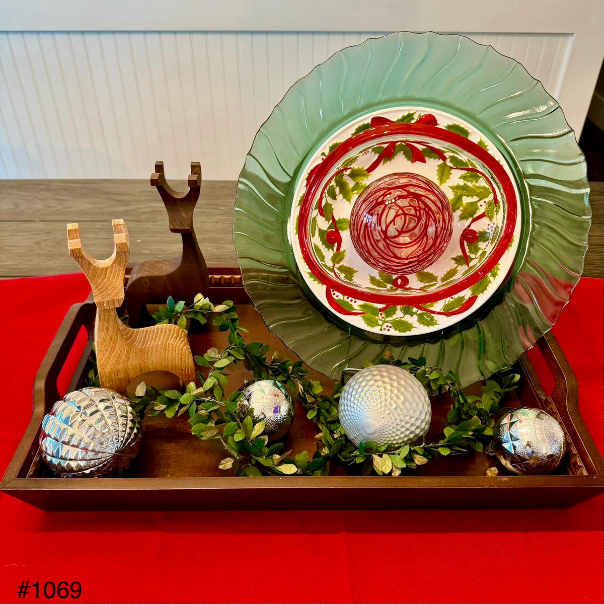 Green/Red/White Holly and Red Ribbon Glass Garden Flower/Centerpiece (#1069)