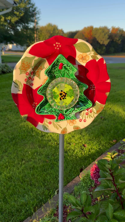 Poinsettia and Christmas Tree Glass Garden Flower (#1832)