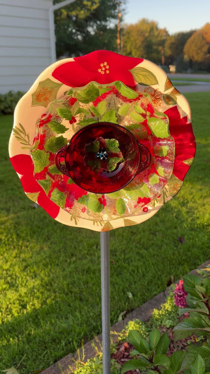 Poinsettia, Holly, & Berries Glass Garden Flower (#1831)