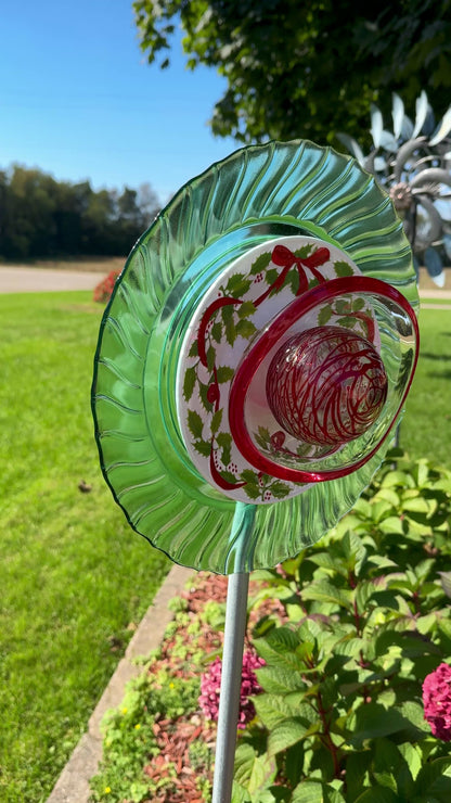 Green/Red/White Holly and Red Ribbon Glass Garden Flower/Centerpiece (#1069)